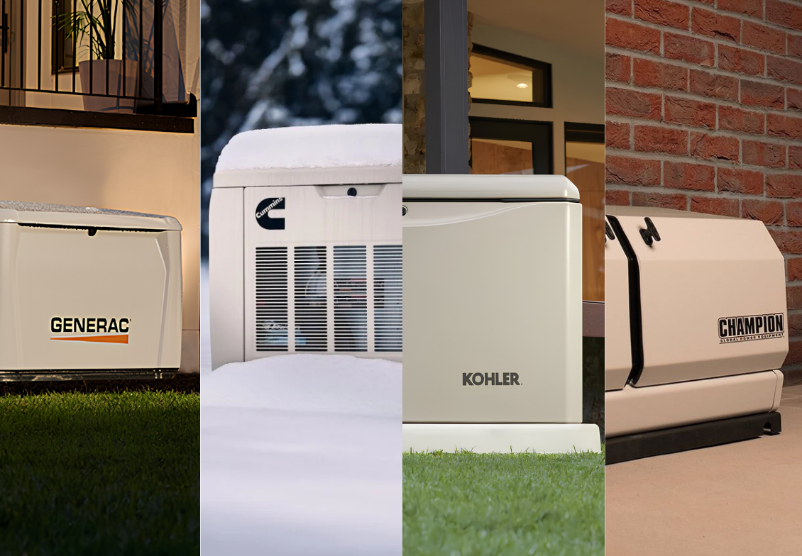 Generator lineup showing Generac, Cummins, Kohler, and Champion standby units