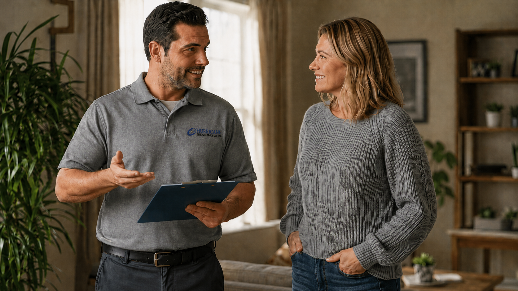 A Hurricane Generators specialist reviewing options with homeowners